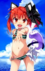 Rule 34 | 1girl, aged down, alternate costume, alternate hairstyle, animal ears, animal hands, bikini, blush stickers, bow, cat ears, cat tail, cloud, day, fang, hair bow, hair ornament, hair ribbon, horizon, kaenbyou rin, navel, ocean, open mouth, reaching, reaching towards viewer, red eyes, red hair, ribbon, salamander (hop-step), sky, smile, solo, swimsuit, tail, tan, tanline, touhou