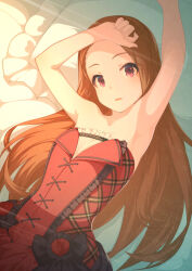 Rule 34 | 1girl, armpits, arms up, black bow, bow, brown hair, dress, frills, idolmaster, idolmaster million live!, idolmaster million live! theater days, kanteraya, light rays, long hair, looking at viewer, lying, minase iori, on back, on bed, open mouth, plaid, purple eyes, red dress, solo, strapless, strapless dress, sunlight