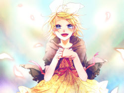 Rule 34 | 1girl, blonde hair, blue eyes, blush, kagamine rin, looking at viewer, open mouth, ribbon, smile, solo, tears, ui (rot), vocaloid