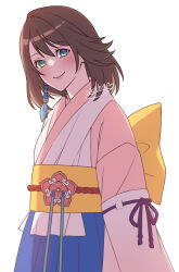 Rule 34 | 1girl, akzk kh, back bow, beads, blue eyes, blue skirt, blush, bow, breasts, closed mouth, commentary request, final fantasy, final fantasy x, green eyes, hair beads, hair ornament, heterochromia, highres, japanese clothes, kimono, long sleeves, looking at viewer, medium breasts, medium hair, nontraditional miko, obi, official alternate costume, sash, signature, skirt, smile, solo, swept bangs, white background, yuna (ff10)