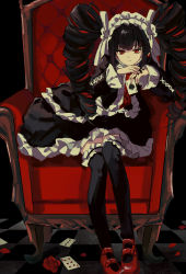 Rule 34 | 1girl, absurdres, armchair, black hair, black nails, black thighhighs, bonnet, card, celestia ludenberg, chair, checkered background, checkered floor, chess piece, commentary request, danganronpa: trigger happy havoc, danganronpa (series), drill hair, flower, frills, garter straps, gothic lolita, hairband, highres, holding, holding card, leaning forward, lolita fashion, long hair, looking at viewer, nail polish, namiharuru, necktie, petals, playing card, red eyes, red flower, red footwear, red necktie, red rose, rose, sitting, smile, solo, thighhighs, tile floor, tiles, twin drills, twintails