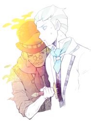 Rule 34 | 2boys, ace attorney, ashley graydon, blonde hair, blue eyes, collared shirt, facial hair, formal, glasses, hat, holding, holding knife, jacket, knife, long sleeves, looking at another, male focus, mason milverton, minashirazu, multiple boys, necktie, open mouth, scarf, shirt, short hair, simple background, sleeves rolled up, stab, sweatdrop, the great ace attorney, the great ace attorney: adventures, top hat, white background, white shirt