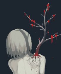 Rule 34 | 1boy, avogado6, black background, cracked skin, crumbling, from behind, grey hair, highres, male focus, nude, original, short hair, simple background, solo, tree, upper body