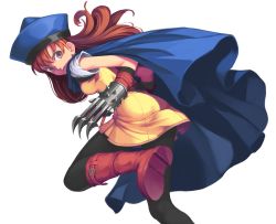 Rule 34 | 1girl, alena (dq4), angry, boots, cape, chunsoft, claws, dragon quest, dragon quest iv, dress, enix, gloves, hat, highres, knee boots, kurokurokuro, long hair, pantyhose, princess, red eyes, red hair, solo
