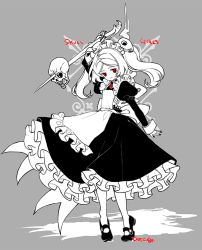 Rule 34 | 1girl, apron, bloody marie (skullgirls), brooch, copyright name, dotcube, dress, frilled apron, frilled dress, frills, full body, grey background, greyscale, hair ornament, jewelry, juliet sleeves, long sleeves, maid headdress, mary janes, monochrome, puffy sleeves, red eyes, shoes, skull, skull hair ornament, skullgirls, solo, spot color, standing, twintails