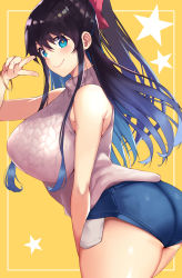 Rule 34 | 1girl, absurdres, arm between legs, ass, bare shoulders, blue eyes, blue shorts, blush, bow, breasts, closed mouth, cowboy shot, curvy, facing away, gluteal fold, hair between eyes, hair bow, hand up, highres, large breasts, leaning forward, leaning to the side, long hair, looking at viewer, looking to the side, mole, mole on breast, mole on thigh, original, pink bow, ponytail, short shorts, shorts, sidelocks, simple background, sleeveless, sleeveless turtleneck, smile, solo, star-shaped pupils, star (symbol), sweater, symbol-shaped pupils, thick thighs, thighs, turtleneck, turtleneck sweater, twisted torso, udon (udonalium), white sweater, yellow background