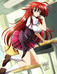 Rule 34 | 1girl, ;), ahoge, all fours, bent over, black corset, blue eyes, breasts, brown footwear, chair, classroom, closed mouth, commentary, corset, danmakuman, desk, finger to mouth, hair between eyes, high school dxd, highres, indoors, kneehighs, kuoh academy school uniform, large breasts, loafers, long hair, looking at viewer, on chair, one eye closed, pleated skirt, red hair, red skirt, rias gremory, school chair, school desk, school uniform, shirt, shoes, signature, skirt, smile, socks, solo, underbust, very long hair, white shirt, white socks