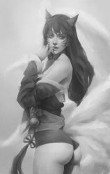 Rule 34 | 1girl, ahri (league of legends), animal ears, ass, bare shoulders, biting, breasts, collarbone, cowboy shot, crossed arms, detached sleeves, dress, finger biting, finger in own mouth, finger to mouth, fingernails, food, fox ears, fox tail, from side, greyscale, hair ornament, hair tie, hand up, highres, korean clothes, league of legends, legs together, lips, long hair, long sleeves, looking back, low-tied long hair, medium breasts, monochrome, mouth hold, multiple tails, nose, open mouth, realistic, revision, sash, sketch, smile, solo, standing, strapless, strapless dress, tail, tassel, teeth, tim liu