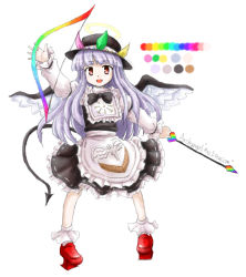 Rule 34 | 1boy, :d, apron, arrow (projectile), bird wings, bobby socks, bow, bow (weapon), bowtie, color guide, demon tail, geta, halo, hat, huyusilver, juliet sleeves, long sleeves, male focus, mrs. estacion, open mouth, oshiromi reshino, palette (object), parody, puffy sleeves, purple hair, red eyes, skirt, smile, socks, solo, style parody, tail, tengu-geta, trap, waist apron, weapon, wings, zun (style)