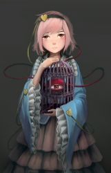 Rule 34 | 1girl, birdcage, blouse, cage, expressionless, eyeball, frilled sleeves, frills, grey background, hairband, heart, holding, komeiji satori, long sleeves, looking at viewer, pink eyes, pink hair, shirt, simple background, skirt, solo, third eye, touhou, upper body, wide sleeves, yuren