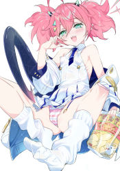 Rule 34 | 1girl, blue archive, blush, breasts, cameltoe, coat, covered erect nipples, crotch seam, erect clitoris, food, green eyes, green nails, highres, holding, holding food, horns, looking at viewer, momoka (blue archive), nail polish, niko (tama), off shoulder, panties, partially visible vulva, pink hair, see-through, sharp teeth, short hair, sideboob, small breasts, smile, socks, spread legs, striped clothes, striped panties, tail, teeth, twintails, underwear, unworn coat