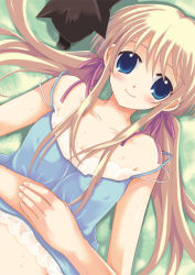 Rule 34 | 1girl, blonde hair, blue eyes, breasts, camisole, cat, grass, long hair, nipples, own hands clasped, own hands together, ribbon, sakurai unan, small breasts, solo, sweat, twintails
