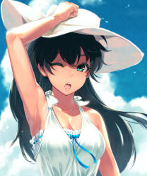 Rule 34 | ;o, aqua eyes, arm up, armpits, bare arms, bare shoulders, black hair, blue bow, bow, bra, breasts, cleavage, cloud, cloudy sky, collarbone, copyright request, day, dress, ganaha hibiki, hand on headwear, hat, highres, idolmaster, idolmaster (classic), long hair, looking at viewer, looking back, medium breasts, mikel (4hands), one eye closed, open mouth, outdoors, ribbon-trimmed bra, sky, sleeveless, sleeveless dress, solo, sun hat, sundress, underwear, upper body, very long hair, white bra, white dress, white hat