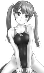 Rule 34 | 1girl, breasts, commentary request, competition swimsuit, cowboy shot, facing viewer, greyscale, head tilt, highres, long hair, looking at viewer, mizuno (brand), monochrome, one-piece swimsuit, original, sideways glance, simple background, small breasts, smile, solo, straddling, swept bangs, swimsuit, tk4