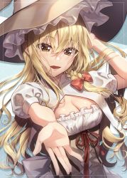 Rule 34 | 1girl, adapted costume, akane hazuki, blonde hair, braid, breasts, cleavage, corset, dress, hair between eyes, hair ribbon, hand on headwear, hat, highres, kirisame marisa, long hair, looking at viewer, medium breasts, open mouth, outstretched arm, puffy short sleeves, puffy sleeves, ribbon, short sleeves, solo, touhou, white dress, witch hat, yellow eyes