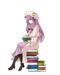 Rule 34 | 1girl, bad id, bad pixiv id, book, crescent hat ornament, female focus, hat, hat ornament, kame, long hair, open book, patchouli knowledge, pile of books, purple eyes, purple hair, reading, ribbon, sitting, sitting on object, solo, touhou