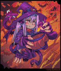 Rule 34 | 1girl, :t, bat (animal), black border, blush, border, claws, closed mouth, commentary, commentary request, dragon girl, dragon horns, dragon tail, dress, english commentary, fewer digits, floating, hair between eyes, halloween, hat, horns, jabberwock (monster girl encyclopedia), long hair, long sleeves, looking at viewer, monster girl, monster girl encyclopedia, monster girl encyclopedia ii, purple dress, purple hair, purple headwear, ramenwarwok, red eyes, signature, simple background, tail, tentacles, witch hat