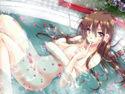 Rule 34 | 1girl, bath, blush, breasts, brown eyes, brown hair, bubble, closed mouth, commentary request, completely nude, covering privates, covering breasts, feet out of frame, finger to mouth, hair between eyes, large breasts, long hair, looking at viewer, nude, original, petals, petals on liquid, smile, solo, tanono, water