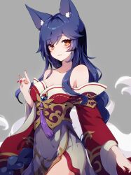 Rule 34 | 1girl, ahri (league of legends), animal ears, bare shoulders, black hair, braid, breasts, cleavage, collarbone, facial mark, fox ears, fox shadow puppet, fox tail, fuiyu (feuille0818), grey background, highres, korean clothes, large breasts, league of legends, long hair, long sleeves, looking at viewer, orange eyes, simple background, slit pupils, solo, tail, very long hair, whisker markings