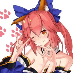 Rule 34 | 1girl, absurdres, animal ear fluff, animal ears, artist request, bare shoulders, blue kimono, blue ribbon, breasts, cleavage, closed mouth, detached sleeves, double fox shadow puppet, fang, fate/extella, fate/extra, fate/grand order, fate (series), fox ears, fox girl, fox shadow puppet, hair ribbon, highres, japanese clothes, kimono, large breasts, looking at viewer, one eye closed, pink hair, ribbon, solo, tamamo (fate), tamamo no mae (fate/extra), yellow eyes