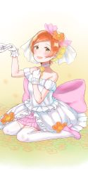 Rule 34 | 10s, 1girl, absurdres, bare shoulders, blush, choker, commentary request, dress, earrings, flower, gloves, gradient background, green eyes, hair flower, hair ornament, hand grab, high heels, highres, hoshizora rin, jewelry, looking at viewer, love live!, love live! school idol festival, love live! school idol project, love wing bell, open mouth, orange hair, pink footwear, shoes, short hair, sitting, smile, solo focus, tawasinosuke, thighhighs, veil, wariza, white dress, white gloves, white thighhighs