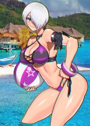 Rule 34 | 1girl, akisu k, angel (kof), ball, beachball, bikini, blue eyes, bracelet, breasts, cleavage, day, hair over one eye, hands on own hips, holding, holding ball, holding beachball, jewelry, large breasts, looking at viewer, midriff, navel, ocean, photo background, smile, smug, snk, solo, swimsuit, the king of fighters, the king of fighters all-stars, toned, white hair