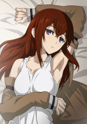 Rule 34 | 1girl, arm up, armpits, bare shoulders, bed sheet, breasts, brown coat, coat, collarbone, dakimakura (medium), from above, hair between eyes, highres, long hair, long sleeves, looking at viewer, lying, makise kurisu, medium breasts, ny0r0ny0r0, open clothes, open coat, parted lips, purple eyes, red hair, shirt, sleeveless, sleeveless shirt, sleeves past wrists, solo, steins;gate, straight hair, sweat, upper body, white shirt