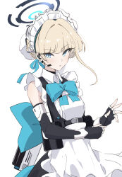 Rule 34 | 1girl, absurdres, bare shoulders, black gloves, blonde hair, blue archive, blue eyes, elbow gloves, fingerless gloves, frills, gloves, gun, halo, hat, headset, highres, looking at viewer, maid headdress, mob cap, ocha (popopogg), simple background, solo, toki (blue archive), weapon, white background