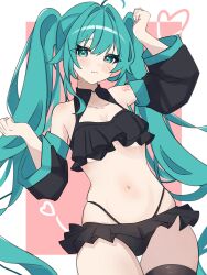 Rule 34 | 1girl, absurdres, blue eyes, blush, bra, coco irasuto, crypton future media, hatsune miku, highres, long hair, looking at viewer, panties, piapro, simple background, solo, thighhighs, underwear, vocaloid