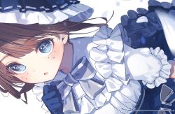 Rule 34 | 1girl, blush, bow, brown hair, check copyright, commentary request, copyright request, freckles, frilled sleeves, frills, gloves, official alternate costume, original, ryota (ry o ta), shadow, short sleeves, signature, solo, symbol-shaped pupils, x x