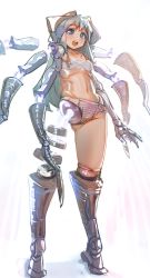 Rule 34 | 1girl, :d, blush, bow (bhp), breasts, cyborg, detached arm, detached legs, extra arms, grey eyes, grey hair, long hair, looking at viewer, navel, open mouth, original, panties, simple background, small breasts, smile, solo, standing, striped clothes, striped panties, underwear, white background