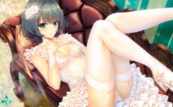 Rule 34 | 1girl, blue eyes, blush, breasts, cleavage, closed mouth, couch, detached collar, dress, flower, frilled dress, frills, garter straps, green eyes, green hair, hair flower, hair ornament, heterochromia, high heels, highres, idolmaster, idolmaster cinderella girls, infinote, interlocked fingers, legs up, lips, looking at viewer, lying, medium breasts, mole, mole under eye, nail polish, on back, panties, pink nails, rose, short hair, smile, solo, takagaki kaede, thighhighs, underwear, white dress, white flower, white footwear, white panties, white rose