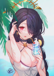 Rule 34 | 1girl, absurdres, black choker, black hair, blue archive, blush, braid, breasts, choker, cleavage, collarbone, cross, cross earrings, drink, drinking straw, dtpnhm, earrings, hair over one eye, halo, halterneck, highres, hinata (blue archive), hinata (swimsuit) (blue archive), holding, jewelry, large breasts, long hair, looking at viewer, official alternate costume, one-piece swimsuit, open mouth, palm leaf, red eyes, signature, single braid, solo, swimsuit, upper body, white one-piece swimsuit, yellow halo