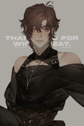 Rule 34 | 1boy, absurdres, androgynous, artist name, asymmetrical hair, bare shoulders, belt, bishounen, brown eyes, brown hair, closed mouth, commission, cowboy shot, dated, double-parted bangs, english text, eyelashes, go e 0000, grey background, hair between eyes, highres, jewelry, leather strap, lips, long bangs, looking at viewer, male focus, multiple belts, necklace, original, pants, parted hair, pendant, shirt tucked in, short hair, simple background, sitting, skeb commission, solo, thank you, undershirt, wavy hair