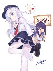Rule 34 | &gt; &lt;, 2girls, :d, absurdres, ahoge, akatsuki (kancolle), black headwear, blue eyes, blue sailor collar, blue skirt, blush, brown footwear, closed eyes, commentary request, dated, flat cap, hair between eyes, hat, heart, hibiki (kancolle), highres, holding, holding sign, kantai collection, loafers, long hair, long sleeves, looking at viewer, looking back, multiple girls, necktie, no headwear, nose blush, open mouth, pantyhose, pleated skirt, purple hair, red neckwear, sailor collar, shirt, shoe soles, shoes, unworn shoes, sign, signature, silver hair, simple background, skirt, smile, soles, spoken food, spoken heart, sweater vest, thighs, tsubasa tsubasa, very long hair, white background, white legwear, white shirt, xd