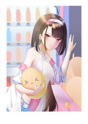 Rule 34 | &gt; &lt;, 1girl, absurdres, ahoge, azur lane, bare shoulders, belt, border, breasts, brown hair, cleavage, closed eyes, closed mouth, commentary request, detached sleeves, earrings, eyes visible through hair, forehead, hair intakes, hair ornament, hairclip, headband, highres, holding, independence (azur lane), independence (the tailwind of opportunity) (azur lane), jewelry, konparu uran, long hair, looking at viewer, manjuu (azur lane), official alternate costume, open mouth, parted bangs, pink eyes, see-through, solo, vending machine, white border