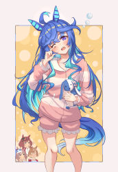 Rule 34 | 4girls, :d, absurdres, ahoge, akanekai, alternate hairstyle, animal ears, aqua hair, black nails, blue hair, blue headwear, closed eyes, closed mouth, frilled shorts, frills, hair down, hands on own face, head tilt, highres, holding, holding stuffed toy, hood, hood down, hoodie, horse ears, horse girl, horse tail, ikuno dictus (umamusume), long hair, looking at another, looking at viewer, matikane tannhauser (umamusume), medium hair, messy hair, multicolored hair, multiple girls, nail polish, nice nature (umamusume), notice lines, one eye closed, open mouth, outside border, pink hoodie, pink shirt, rubbing eyes, sharp teeth, shirt, shorts, sleepwear, sleepy, smile, sololist, standing, striped clothes, striped hoodie, stuffed animal, stuffed rabbit, stuffed toy, tail, teeth, tracen training uniform, twin turbo (umamusume), two-tone hair, umamusume