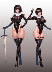 Rule 34 | 2girls, black hair, black leotard, bob cut, boots, brown eyes, cameltoe, covered erect nipples, covered navel, full body, high heel boots, high heels, highleg, highleg leotard, impossible clothes, latex, leotard, looking at viewer, multiple girls, original, rindou (radical dream), shiny clothes, short hair, siblings, sisters, skin tight, sword, thick thighs, thigh boots, thighs, thong leotard, wavy hair, weapon