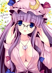 Rule 34 | 1girl, adjusting eyewear, bad id, bad pixiv id, bespectacled, between breasts, blue eyes, book, bow, breasts, caidychen, cleavage, collarbone, crescent, female focus, floral background, flower, glasses, hair bow, happy birthday, hat, jewelry, large breasts, long hair, looking at viewer, necklace, no bra, open mouth, patchouli knowledge, pendant, purple hair, signature, smile, solo, tareme, touhou, upper body