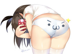 Rule 34 | &gt;:3, 1girl, 2channel, :3, ascii art, ass, bad id, bad pixiv id, bent over, black hair, cellphone, hairband, mvv, no pants, original, panties, phone, print panties, selfie, shirt, shoboon, simple background, solo, thighhighs, underwear, v-shaped eyebrows, white background, white panties, white shirt, white thighhighs
