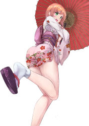 Rule 34 | 1girl, ass, blonde hair, ellen baker, flower ornament, green eyes, highres, japanese clothes, kimono, new horizon, open mouth, sash, socks, solo, umbrella