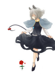 Rule 34 | 1girl, animal ears, bad id, bad pixiv id, bow, capelet, clothes lift, curtsey, closed eyes, female focus, flower, grey hair, highres, jewelry, kotaro-nosuke, mouse ears, mouse tail, nazrin, pendant, red flower, red rose, ribbon, rose, skirt, skirt lift, solo, tail, tail ornament, tail ribbon, touhou