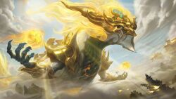 Rule 34 | aurelion sol (league of legends), blonde hair, claws, cloud, commentary, dragon, dust, english commentary, flying, green eyes, highres, league of legends, league of legends: wild rift, looking ahead, lunar guardian aurelion sol, mountain, official alternate costume, official alternate hairstyle, official art, outdoors, solo, sunlight, temple