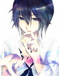 Rule 34 | 1boy, artist request, black nails, blue eyes, blue hair, looking at viewer, male focus, male polish, matching hair/eyes, shirt, shugo chara!, simple background, solo, tongue, tongue out, tsukiyomi ikuto, white background, white shirt