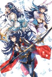 Rule 34 | 3girls, alternate costume, animal ears, blue eyes, blue hair, bug, butterfly, dress, easter egg, egg, fire emblem, fire emblem awakening, fire emblem heroes, flower, hair flower, hair ornament, insect, leotard, long hair, looking at viewer, lucina (brave princess) (fire emblem), lucina (fire emblem), lucina (spring) (fire emblem), multiple girls, multiple persona, nintendo, official alternate costume, polearm, puffy short sleeves, puffy sleeves, rabbit ears, shield, short sleeves, simple background, spear, sword, wani (fadgrith), weapon, wedding dress