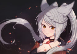 Rule 34 | 1girl, animal ears, blush, braid, breasts, brown eyes, cleavage, closed mouth, collarbone, commentary request, erune, floating hair, fraux, gem, glint, granblue fantasy, grey hair, jacket, long hair, medium breasts, open clothes, open jacket, petals, red jacket, smile, solo, swept bangs, twintails, uneg, upper body, very long hair