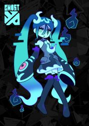 Rule 34 | 1girl, black background, black sleeves, black thighhighs, blue hair, commentary request, creatures (company), detached arm, detached legs, detached sleeves, full body, game freak, ghost miku (project voltage), gimpongpong, glitch, grey shirt, hair between eyes, hatsune miku, highres, korean commentary, long hair, necktie, nintendo, pale skin, pokemon, print sleeves, project voltage, see-through, see-through skirt, shirt, skirt, sleeveless, sleeveless shirt, sleeves past fingers, sleeves past wrists, solo, thighhighs, twintails, very long hair, vocaloid, white necktie, will-o&#039;-the-wisp (mythology), yellow eyes