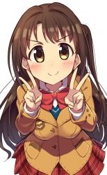 Rule 34 | &gt;:), 1girl, blue vest, bow, bowtie, breasts, brown hair, brown jacket, buttons, closed mouth, collared shirt, double v, eyebrows, facing viewer, highres, idolmaster, idolmaster cinderella girls, jacket, long hair, long sleeves, looking at viewer, medium breasts, miniskirt, one side up, plaid, plaid skirt, pleated skirt, red bow, red bowtie, red skirt, school uniform, shimamura uzuki, shirt, simple background, skirt, smile, solo, tareme, v, v-shaped eyebrows, vest, wagashi928, white background, white shirt
