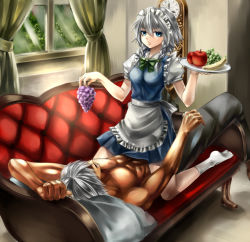 Rule 34 | 1boy, 1girl, banana, blue eyes, braid, clock, couch, curtains, dante (devil may cry), devil may cry (series), food, fruit, grapes, holding, izayoi sakuya, looking at viewer, maid, maid headdress, morichika rinnosuke, muscular, nagare, no shoes, open mouth, pillow, topless male, short hair, short sleeves, silver hair, socks, straddling, touhou, tray, twin braids, window