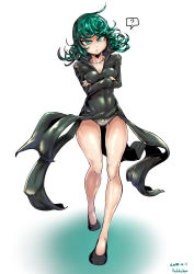 Rule 34 | 1girl, ?, animal print, black dress, breasts, crossed arms, curly hair, dress, full body, green eyes, green hair, highres, one-punch man, panties, redchicken, simple background, solo, spoken question mark, tatsumaki, underwear, white background, white panties